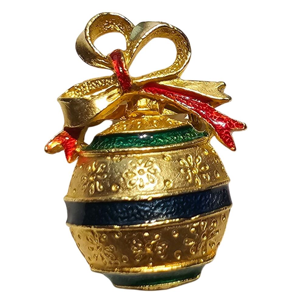 Vintage Gold Tone Christmas Ornament Brooch Red Green Blue Ribbon Pin, Gift Box